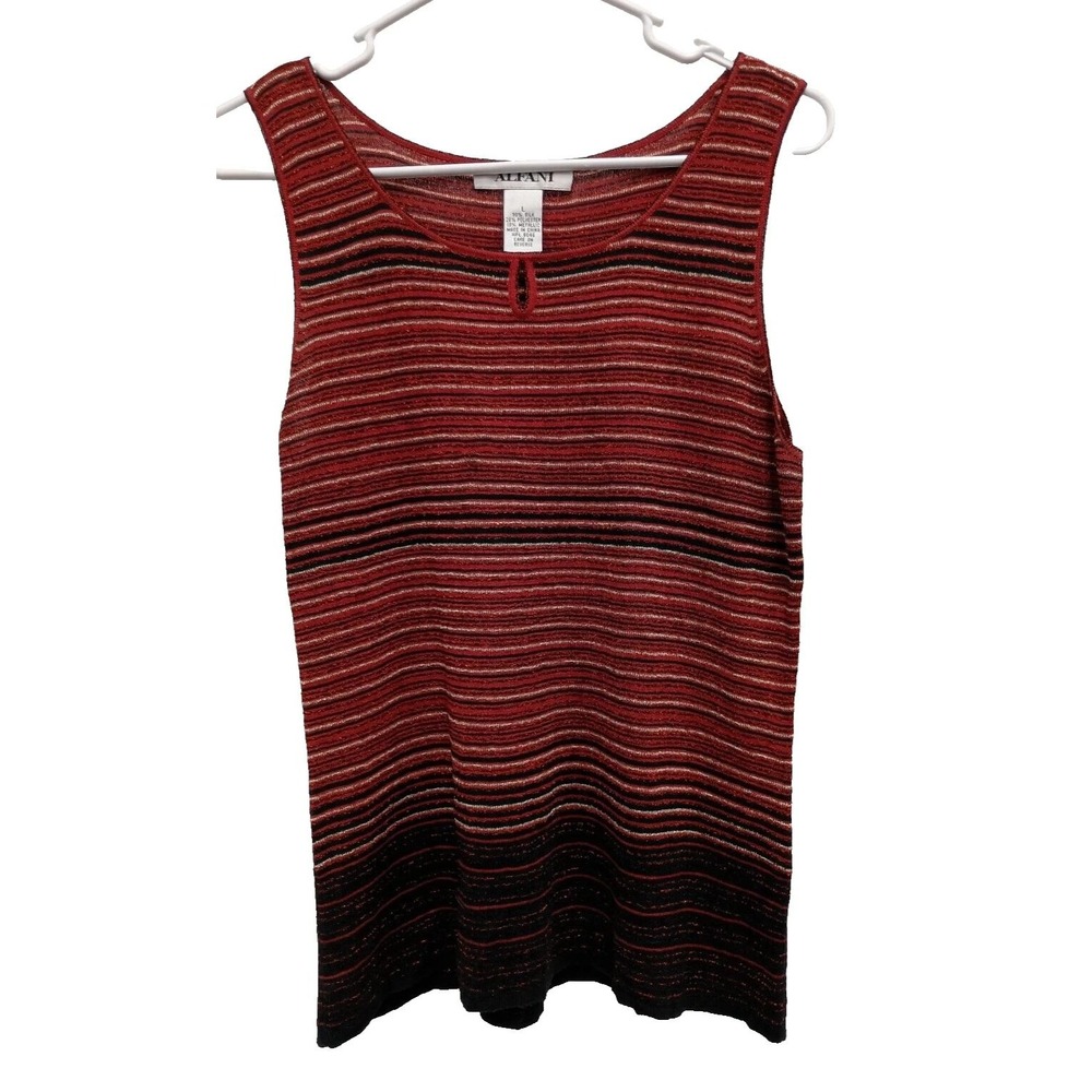 Alfani Tank Top Womens Large Red Metallic Stripe Knit Sleeveless Keyhole Sparkle